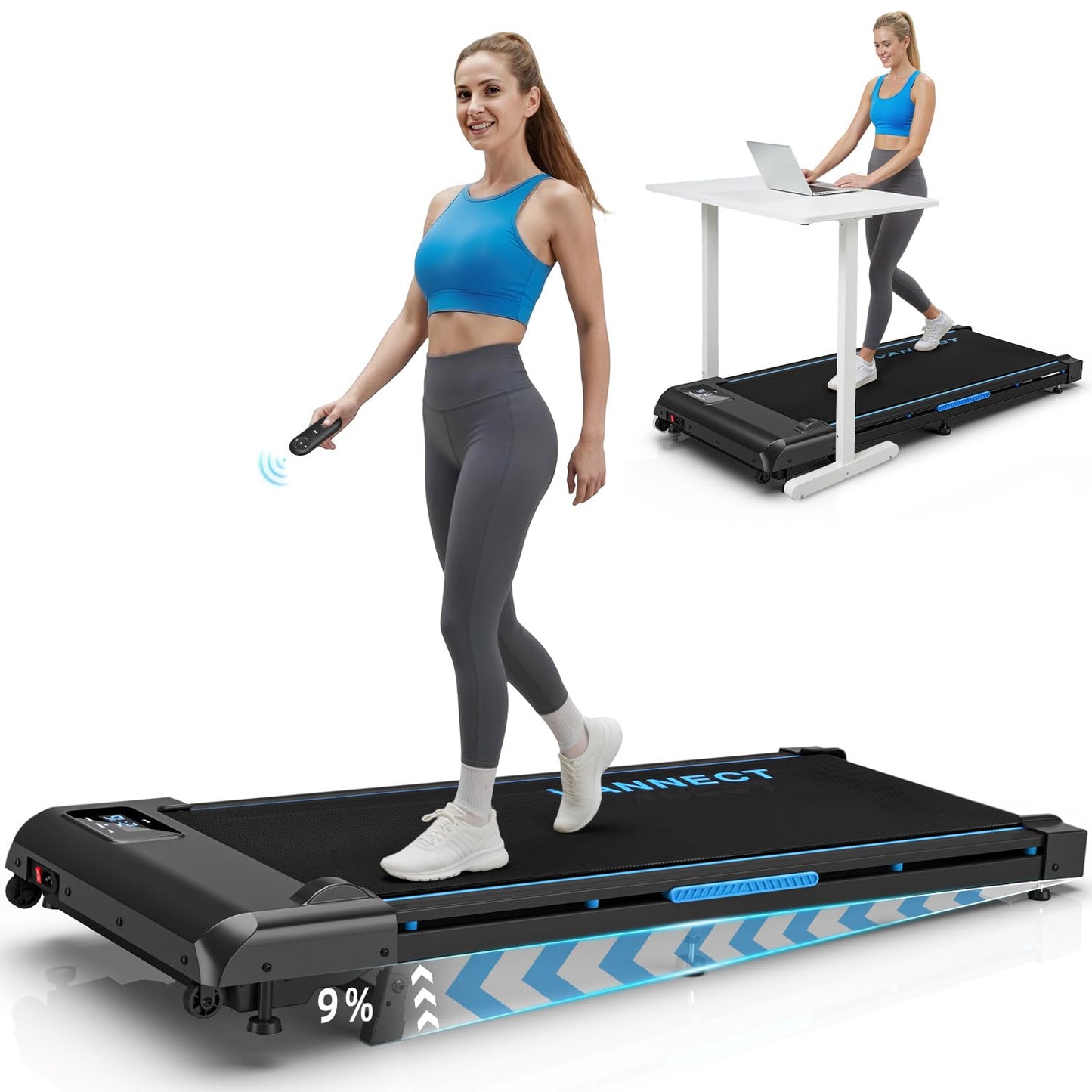 VANNECT Walking Pad โ Tragbares Laufband fรผr Zuhause mit Steigung, 1โ10 km/h, LED-Display, Fernbedienung, 2,75 HP, bis 150 kg belastbar
