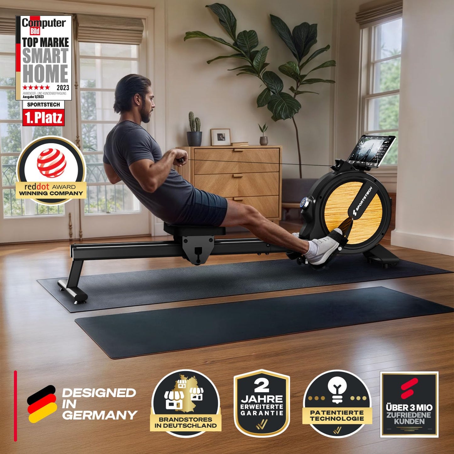 Sportstech PROwer RudergerΓ€t Oak β Heimtrainer mit 32 Stufen, Bluetooth & LED-Display