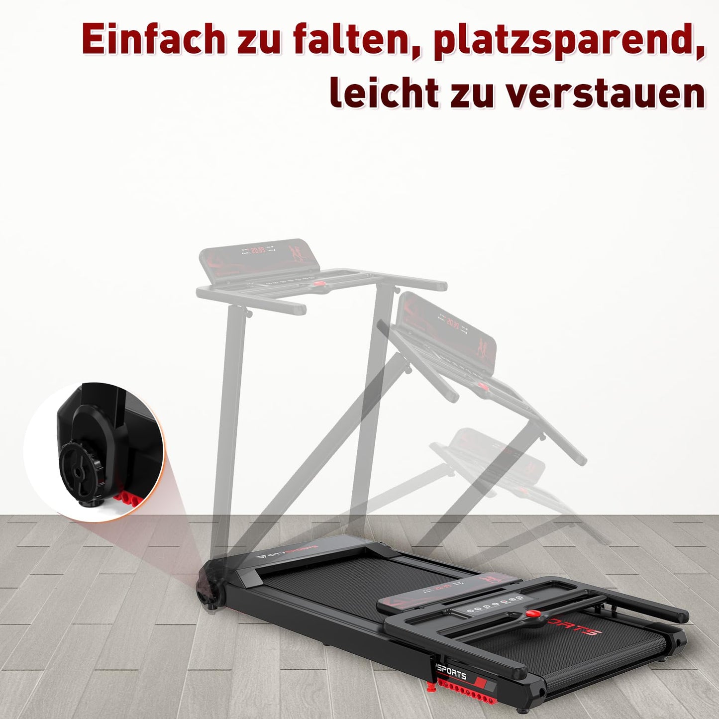 CITYSPORTS Laufband klappbar – 12 km/h, LED, App, Tablet-Halter, Schwarz