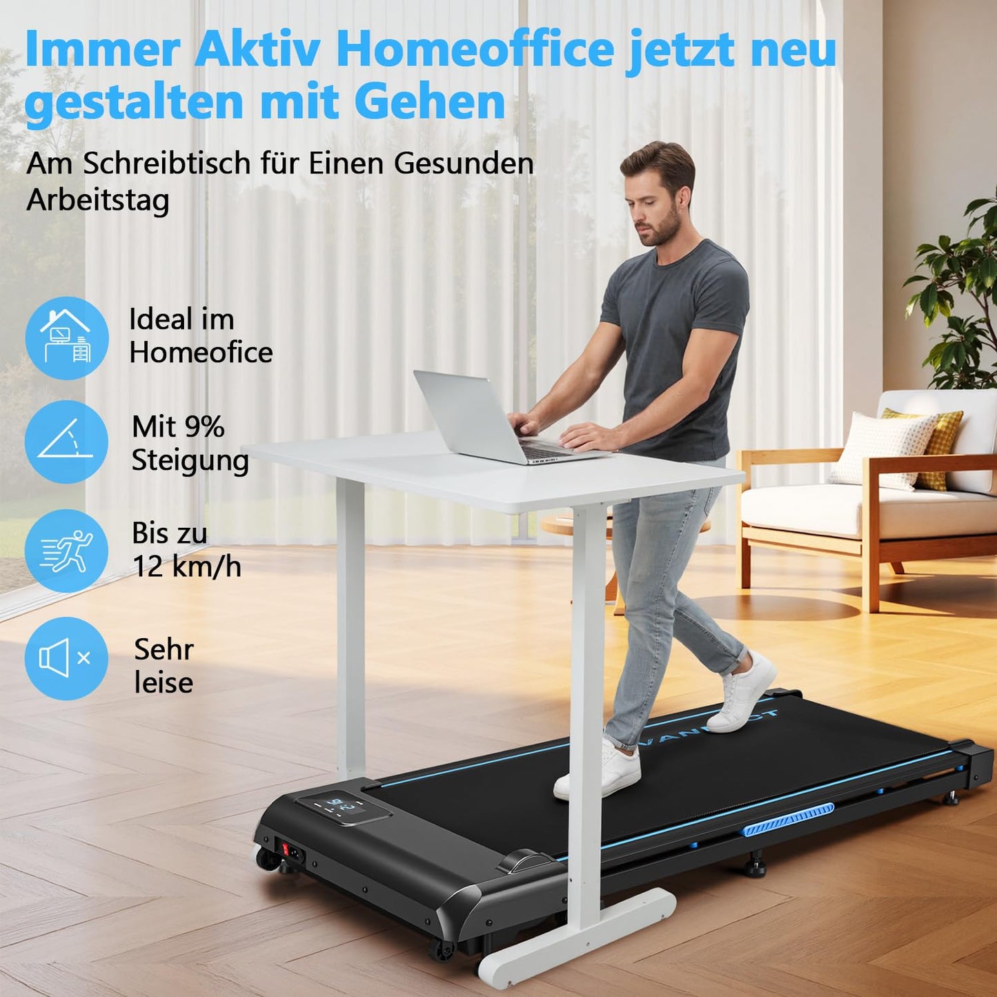 VANNECT Walking Pad โ Tragbares Laufband fรผr Zuhause mit Steigung, 1โ10 km/h, LED-Display, Fernbedienung, 2,75 HP, bis 150 kg belastbar