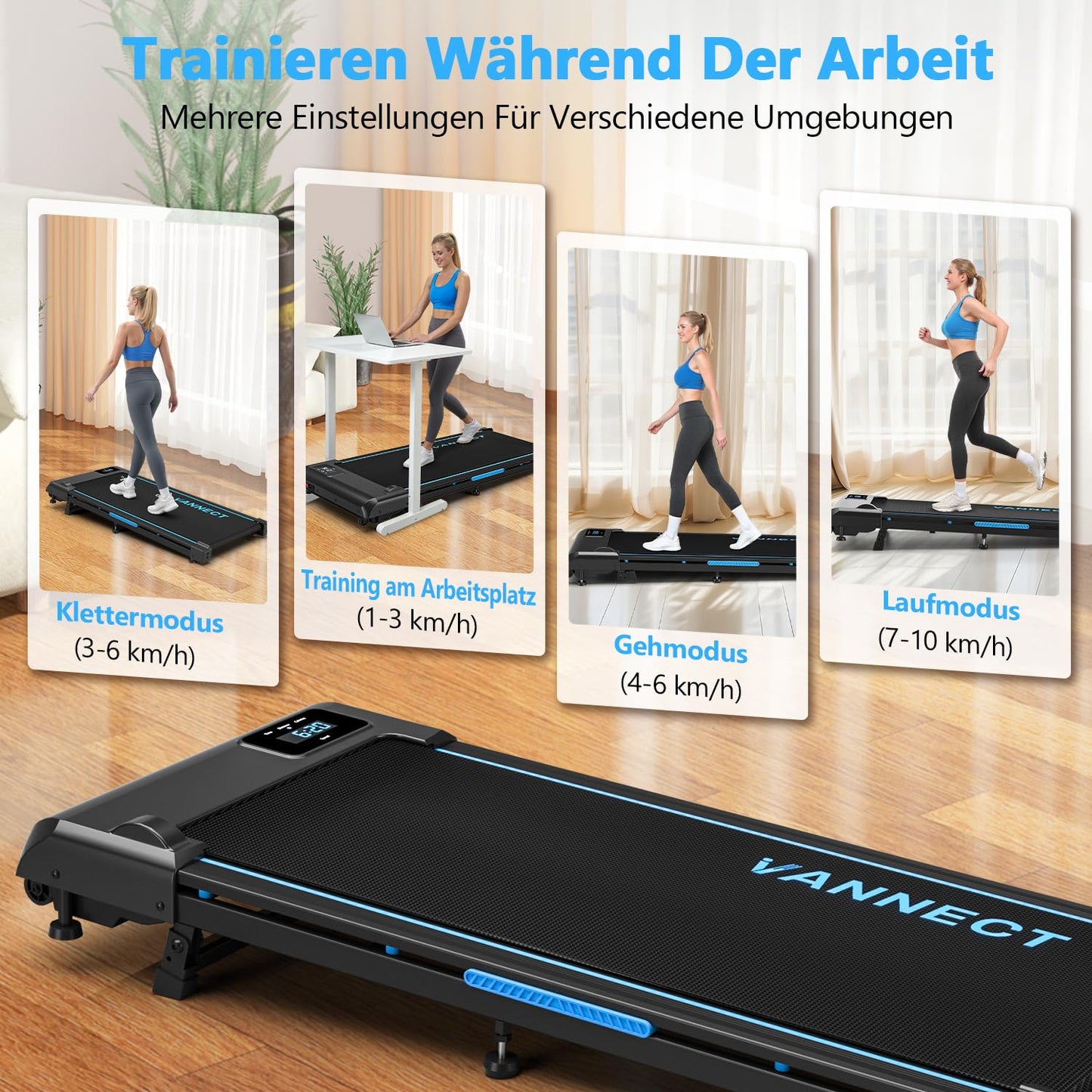 VANNECT Walking Pad โ Tragbares Laufband fรผr Zuhause mit Steigung, 1โ10 km/h, LED-Display, Fernbedienung, 2,75 HP, bis 150 kg belastbar