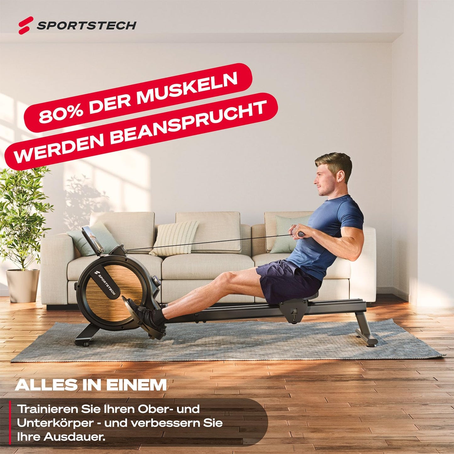 Sportstech PROwer RudergerΓ€t Oak β Heimtrainer mit 32 Stufen, Bluetooth & LED-Display