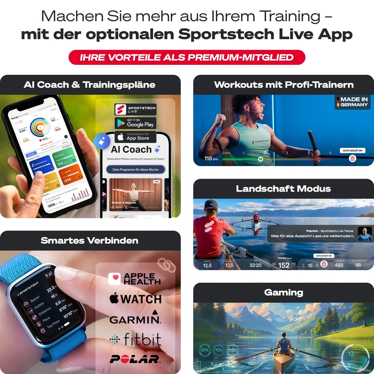 Sportstech PROwer RudergerΓ€t Oak β Heimtrainer mit 32 Stufen, Bluetooth & LED-Display