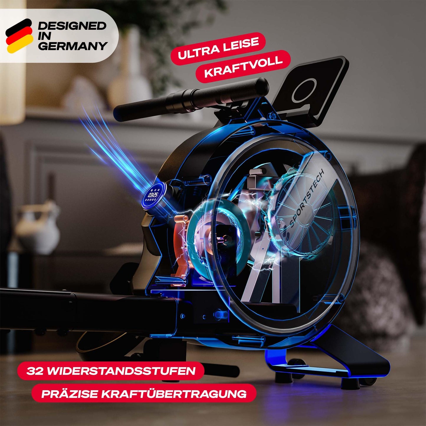 Sportstech PROwer RudergerΓ€t Oak β Heimtrainer mit 32 Stufen, Bluetooth & LED-Display