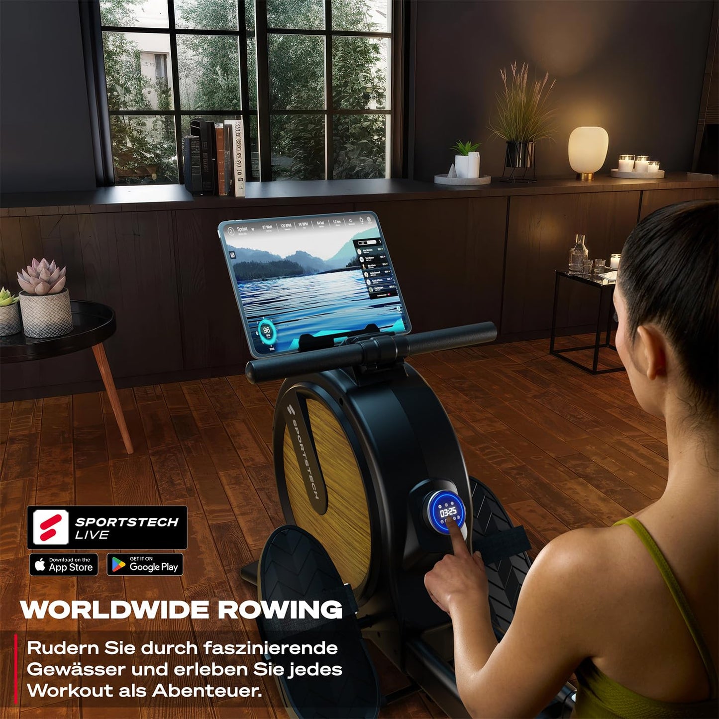 Sportstech PROwer RudergerΓ€t Oak β Heimtrainer mit 32 Stufen, Bluetooth & LED-Display